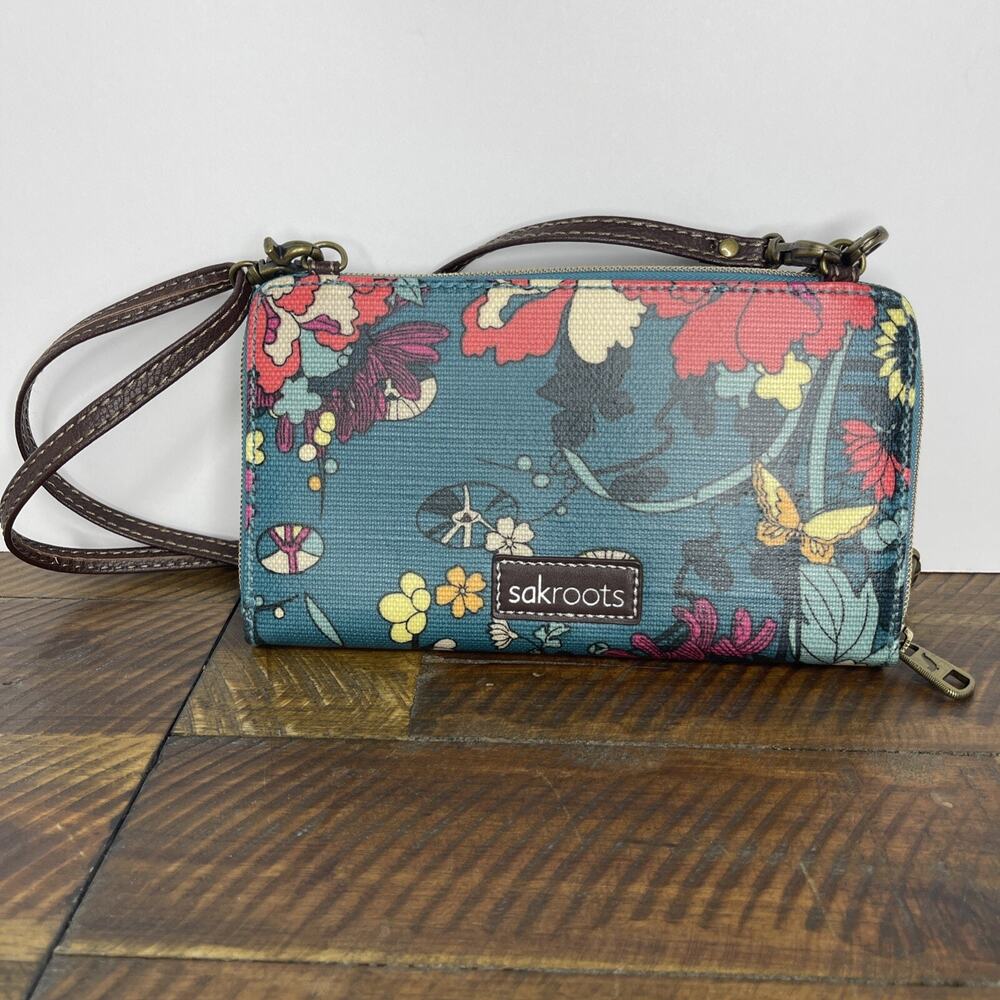 Sakroots Peace Full Zip Clutch Wallet Coated Canvas Colorful Floral Butterfly